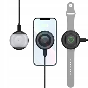 ŁADOWARKA INDUKCYJNA - MAGSAFE - QI - 15W + KABEL USB 2M - WR-3IN1 - CZARNA