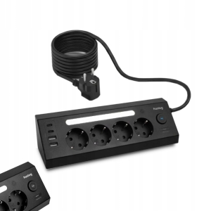 Przedłużacz listwowy czarny 4 gniazda Schuko 4 porty USB 1,80m LED Huslog