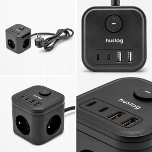 Przedłużacz kostka Huslog 3 gniazda AC 2xUSB-C 2xUSB Czarny 1,4m HUS1003